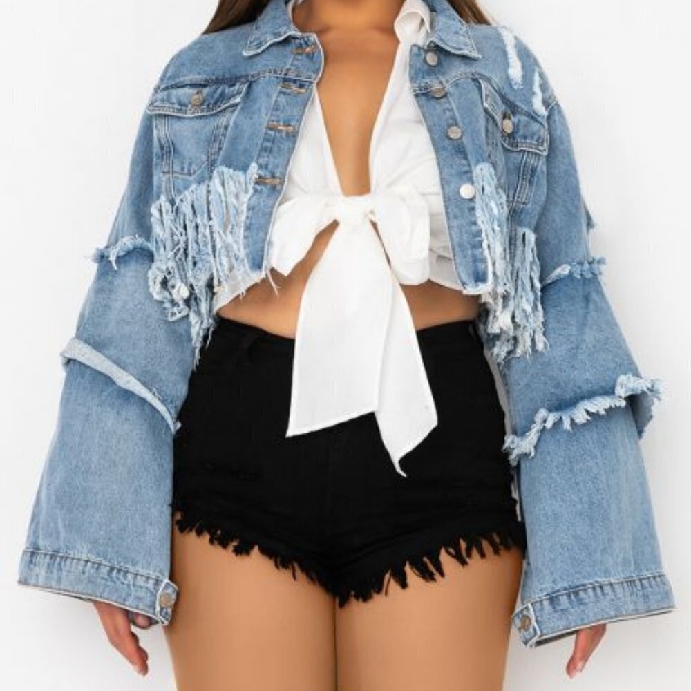 PLUS PATCHWORK ULTRA  CROPPED BELL SLEEVE DENIM JACKET